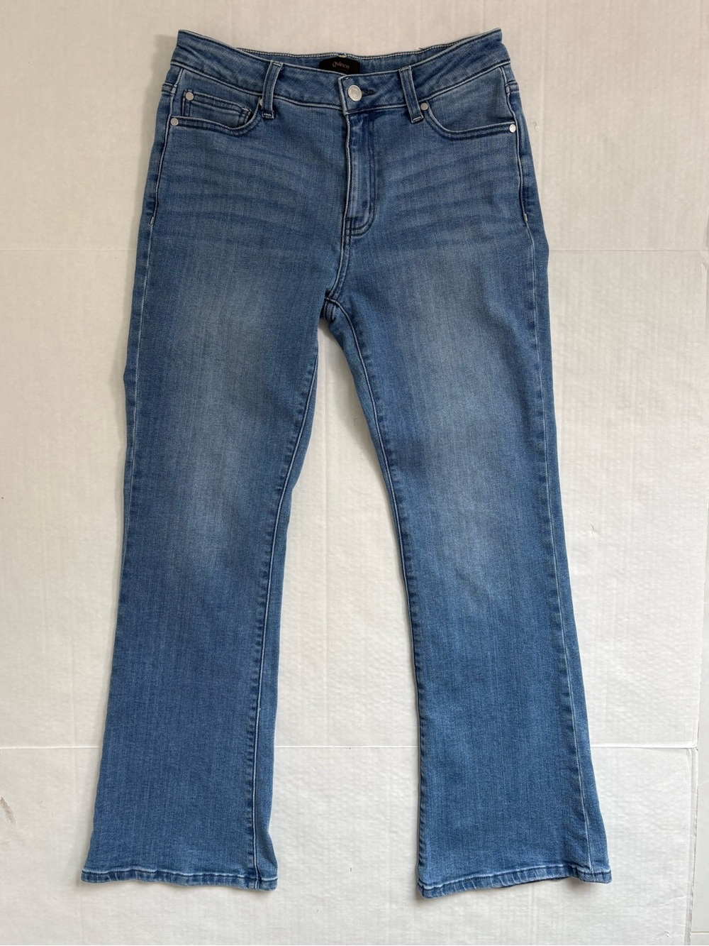Quince Luna Stretch Flare Blue Jeans Medium Wash Denim Sz 28 Mid Rise Minimalist